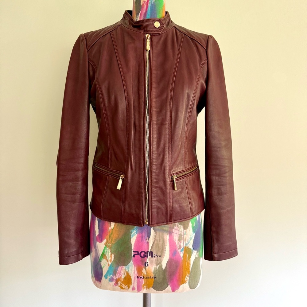 MICHAEL Michael Kors Burgundy Leather Zip-Front Jacket